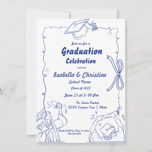 Invitation Style Doodle élégant Main Dradud Graduation (Devant)