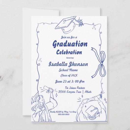 Invitation Style Doodle élégant Main Dradud Graduation (Devant)