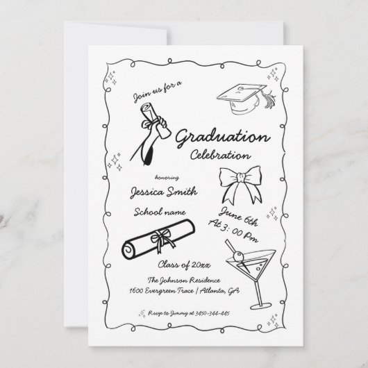Invitation Style Doodle Graduation dessinée à la main (Devant)