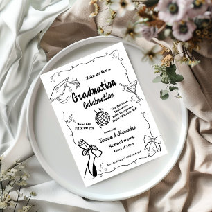 Invitation Style Doodle Main dessinée Twin Graduation