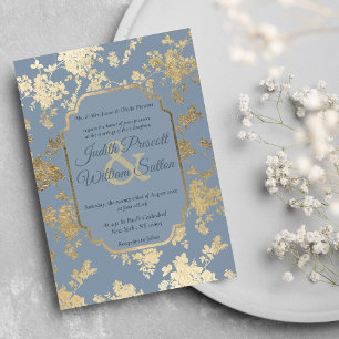 Invitation Style élégant Dusty Bleu Or Floral Mariage