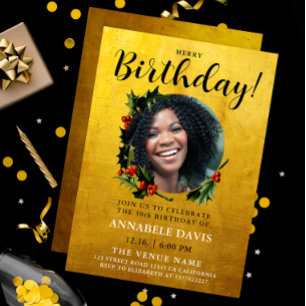 Invitation Style Glam Gold Noël Wreath Birthday Photo