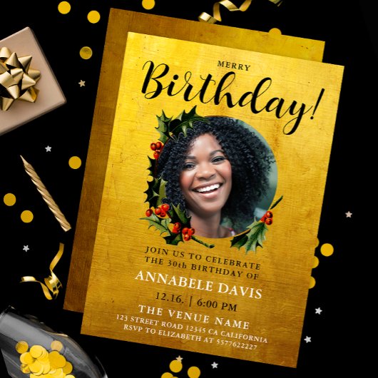 Invitation Style Glam Gold Noël Wreath Birthday Photo