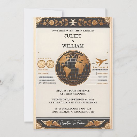 Invitation Style Golden Ticket Passport Boarding Pass Mariage (Devant)