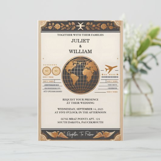 Invitation Style Golden Ticket Passport Boarding Pass Mariage (Debout devant)