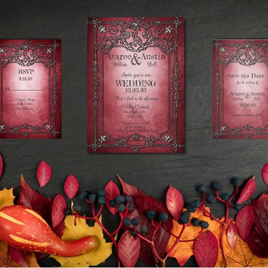 Invitation Style gothique Mariage de cadre argenté bordeaux f