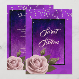 Invitation Stylé gothique violet avec rose et perles Sweet 16
