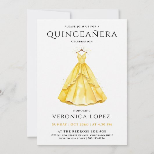 Invitation Style Honey Jaune Quinceañera robe Aquarelle (Devant)
