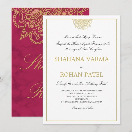Invitation Style indien Marbre Bourgogne Mariage couleur or (Devant / Derrière)