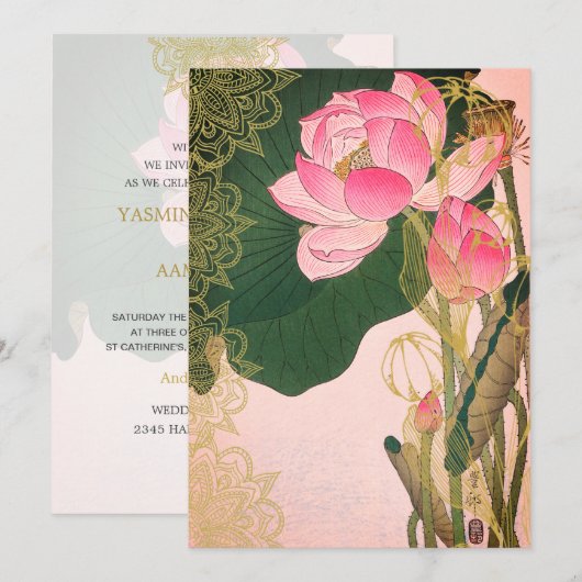 Invitation Style indien Mariage Water Lilley Pink Gold (Devant / Derrière)