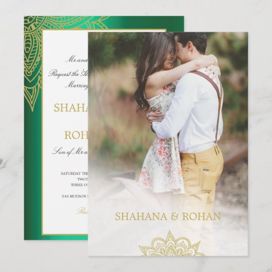 Invitation Style indien officiel Photo Vert Gold Chic Mariage (Devant / Derrière)