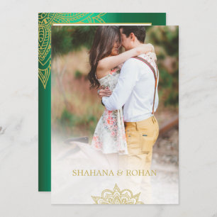 Invitation Style indien officiel Photo Vert Gold Chic Mariage