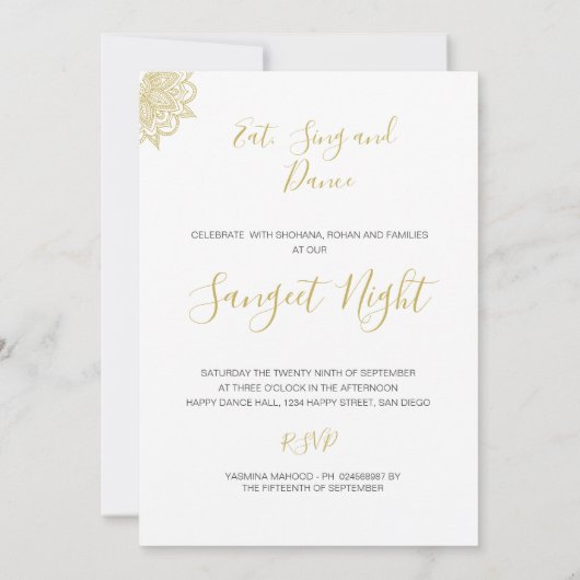 Invitation Style indien Sangeet Vert or couleur moderne (Dos)