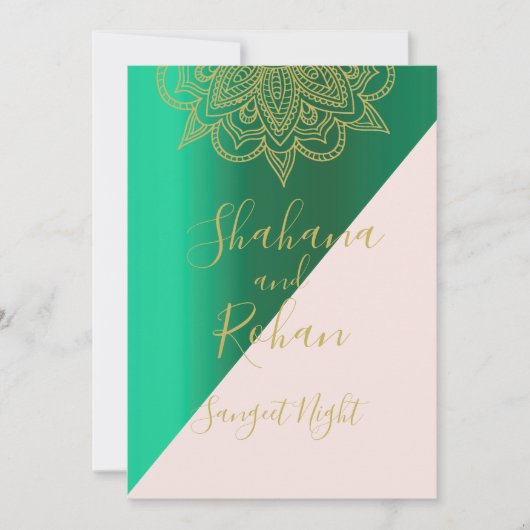 Invitation Style indien Sangeet Vert rose or couleur moderne (Devant)