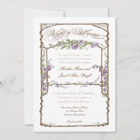 Invitation Style Letterpress Vintage Faux Bois Trellis Purple (Devant)
