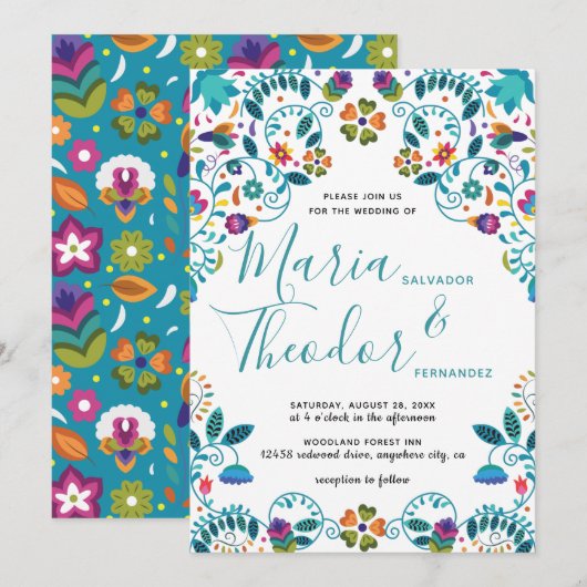 Invitation Style mexicain motif floral Mariage de luxe (Devant / Derrière)
