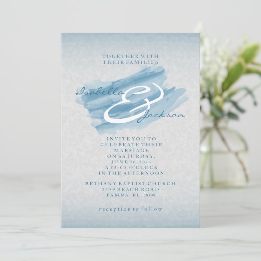 Invitation Style moderne Mariage d'aquarelle bleu (Debout devant)