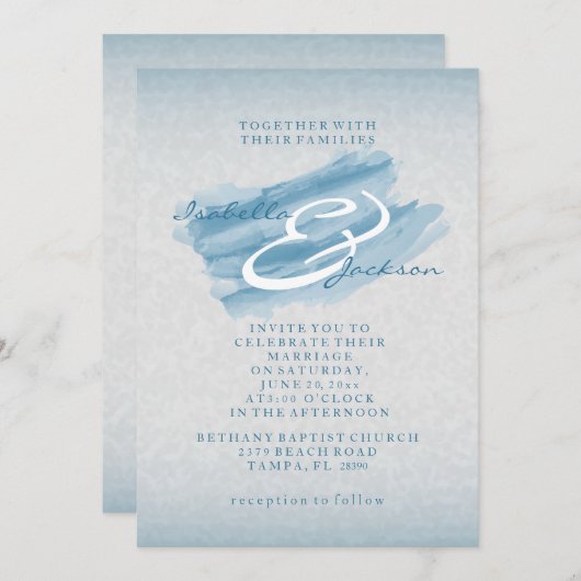 Invitation Style moderne Mariage d'aquarelle bleu (Devant / Derrière)