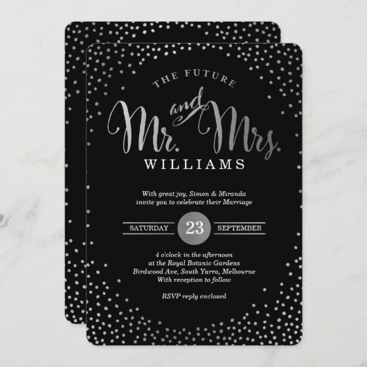 Invitation STYLE MODERNE MARIAGE mini confetti argent noir (Devant / Derrière)