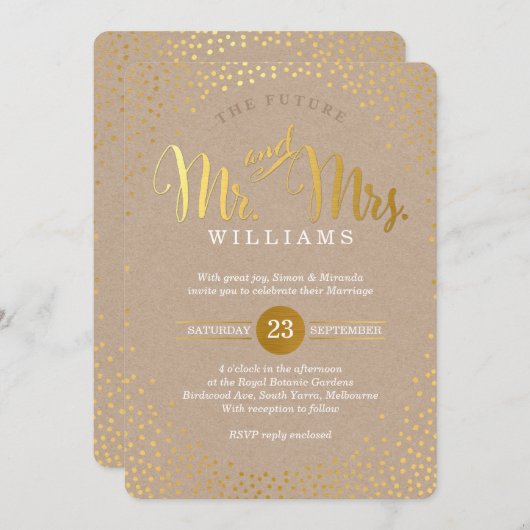 Invitation STYLE MODERNE MARIAGE mini confetti kraft en or (Devant / Derrière)