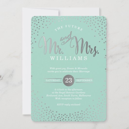 Invitation STYLE MODERNE MARIAGE mini confetti menthe argent (Devant)