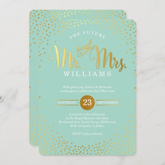Invitation STYLE MODERNE MARIAGE mini confetti menthe or (Devant / Derrière)
