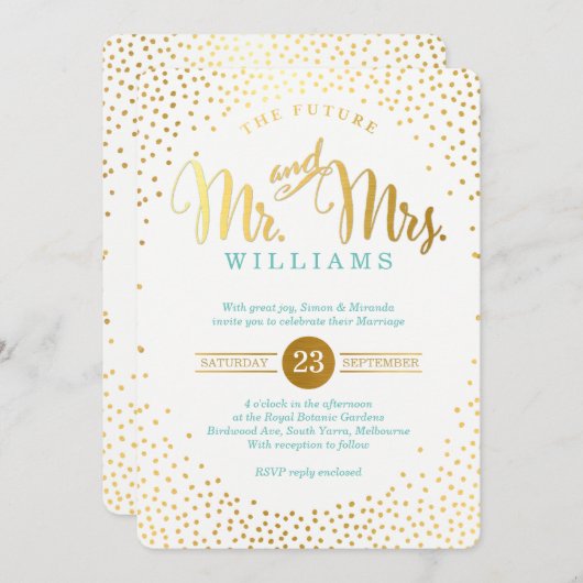 Invitation STYLE MODERNE MARIAGE mini confetti menthe or (Devant / Derrière)