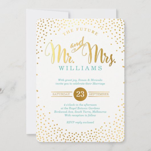 Invitation STYLE MODERNE MARIAGE mini confetti menthe or (Devant)