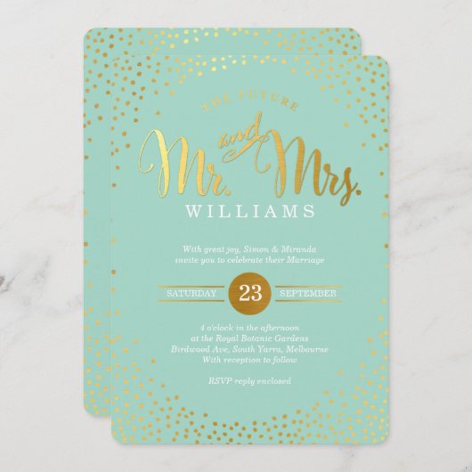 Invitation STYLE MODERNE MARIAGE mini confetti menthe or (Devant / Derrière)