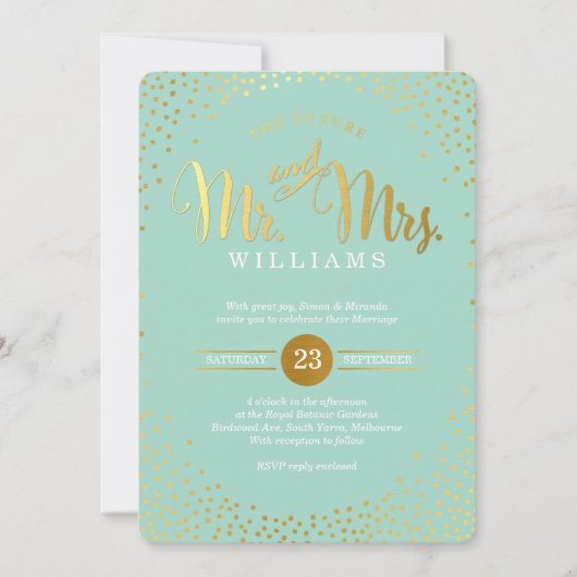 Invitation STYLE MODERNE MARIAGE mini confetti menthe or (Devant)