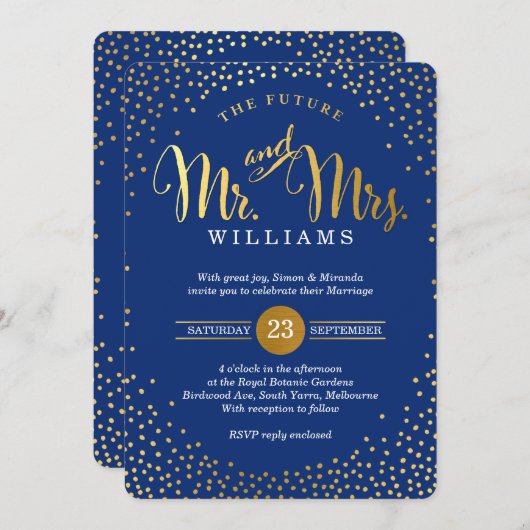 Invitation STYLE MODERNE MARIAGE mini-confetti or marine (Devant / Derrière)