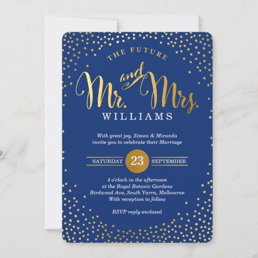 Invitation STYLE MODERNE MARIAGE mini-confetti or marine (Devant)