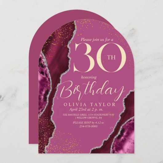 Invitation Style moderne rose agate or 30e anniversaire (Devant / Derrière)