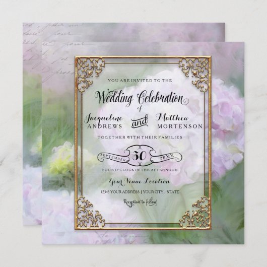 Invitation Style Monet Hydrangea Floral Art Gold Typographie (Devant / Derrière)