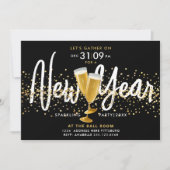 Invitation Style New Year Champagne Gold Confetti Noir (Devant)