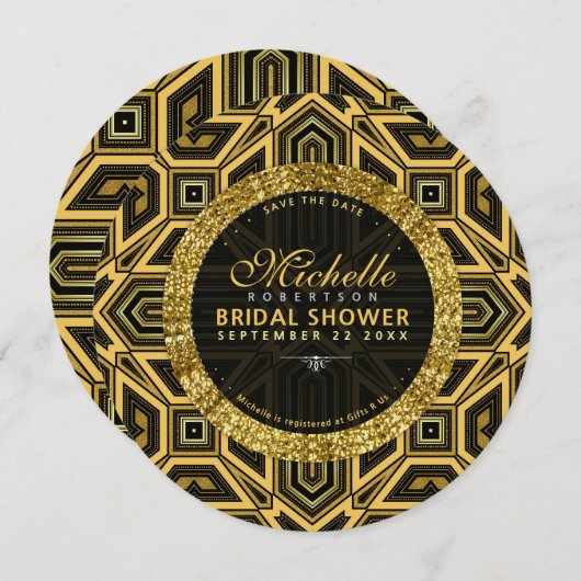 Invitation Style parties scintillant Gold Croix Noire v2 rond (Devant / Derrière)