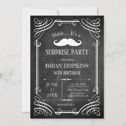 Invitation Style rétro Mustache Chalkboard Hommes B'day Party (Devant)
