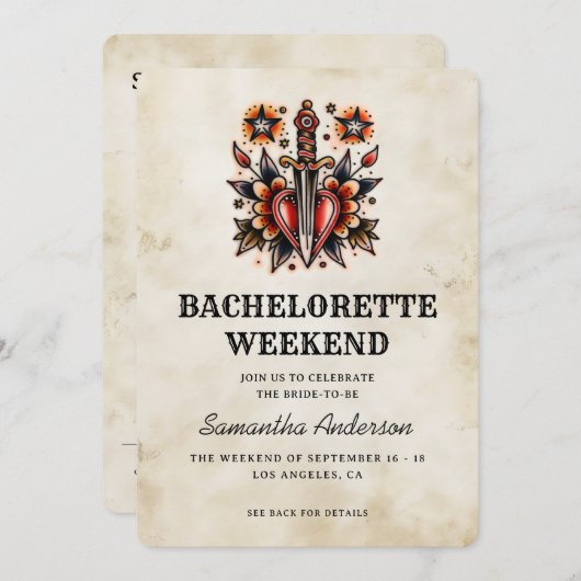 Invitation Style tatouage Dagger Coeur Retro Bachelorette (Devant / Derrière)