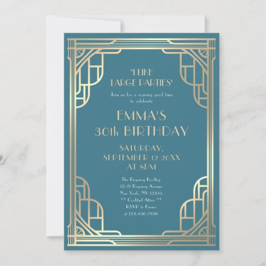 Invitation Style Turquoise Blue Gold Gatsby 30e fête d'annive (Devant)