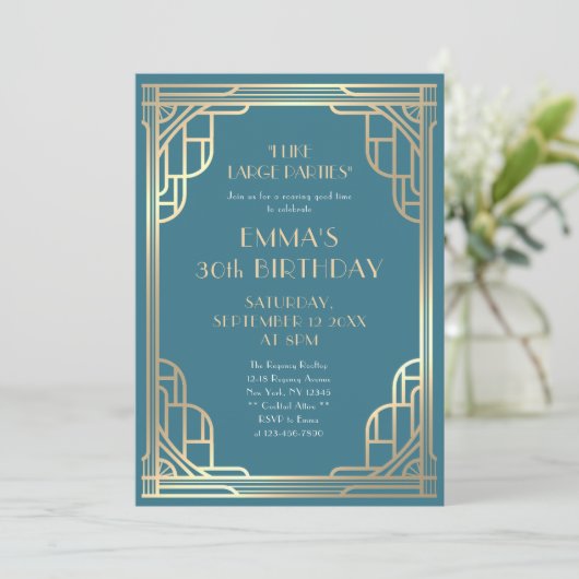 Invitation Style Turquoise Blue Gold Gatsby 30e fête d'annive (Debout devant)
