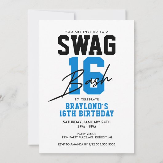 Invitation Style Varsity Bleu Swag 16 Anniversaire (Devant)