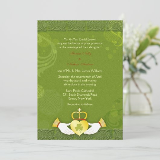Invitation Style Vert & Or Rustique Mariage irlandais (Debout devant)