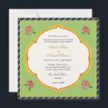 Invitation Style Vintage coloré Peacock Indian mariage Invi<br><div class="desc">Faire-part de mariage de style vintage coloré avec aquarelle paon et détails mariages à l'arrière sur une palette de couleurs vert menthe et marine. Parfait pour les mariages indiens modernes.</div>