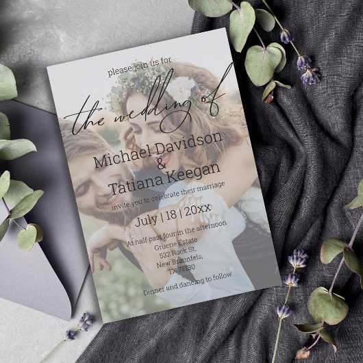 Invitation stylisé chic écriture photo délavée mariage