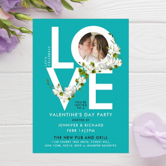 Invitation Stylisé Turquoise Amour Saint Valentin Photo Flora