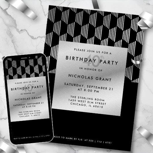 Invitation Stylish 40th Birthday Faux Silver Foil Black