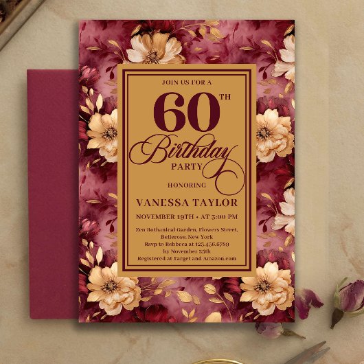 Invitation Stylish 60th Birthday Burgundy Blush Floral Gold  