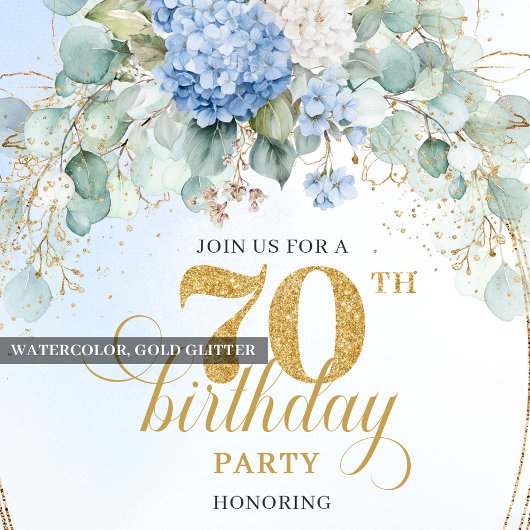 Invitation Stylish 70th Birthday Light Blue Hydrangea Invite