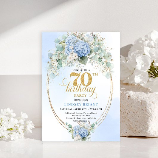 Invitation Stylish 70th Birthday Soft Blue Hydrangea Invite