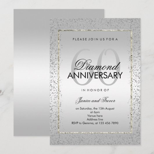Invitation Stylish Argent Confetti 60e Mariage Diamant (Devant / Derrière)